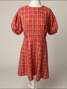 Red Plaid Puff-Sleeve Dress